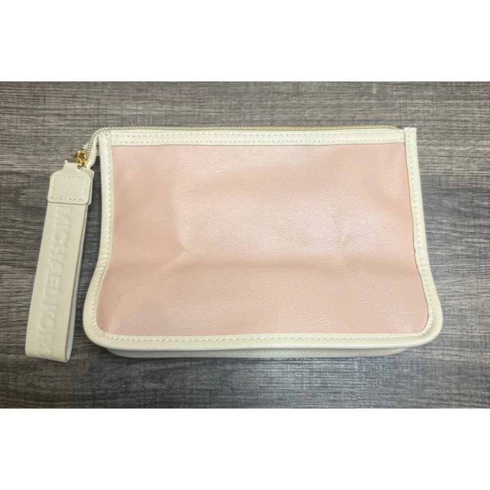 Michael Kors Pink Cream Wristlet Clutch Bag Logo Strap Front Pocket Pouch - Picture 3 of 4